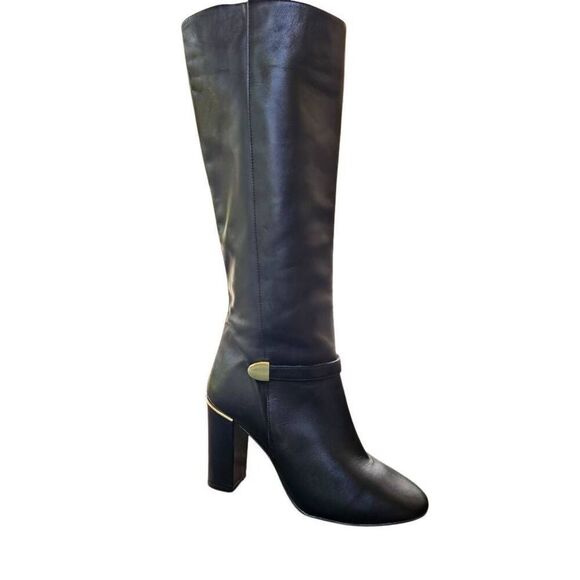 Massimo Baldi Tall Black Leather Boots Gold Hardware Size 38 (8) Ankle side zip - Picture 1 of 16